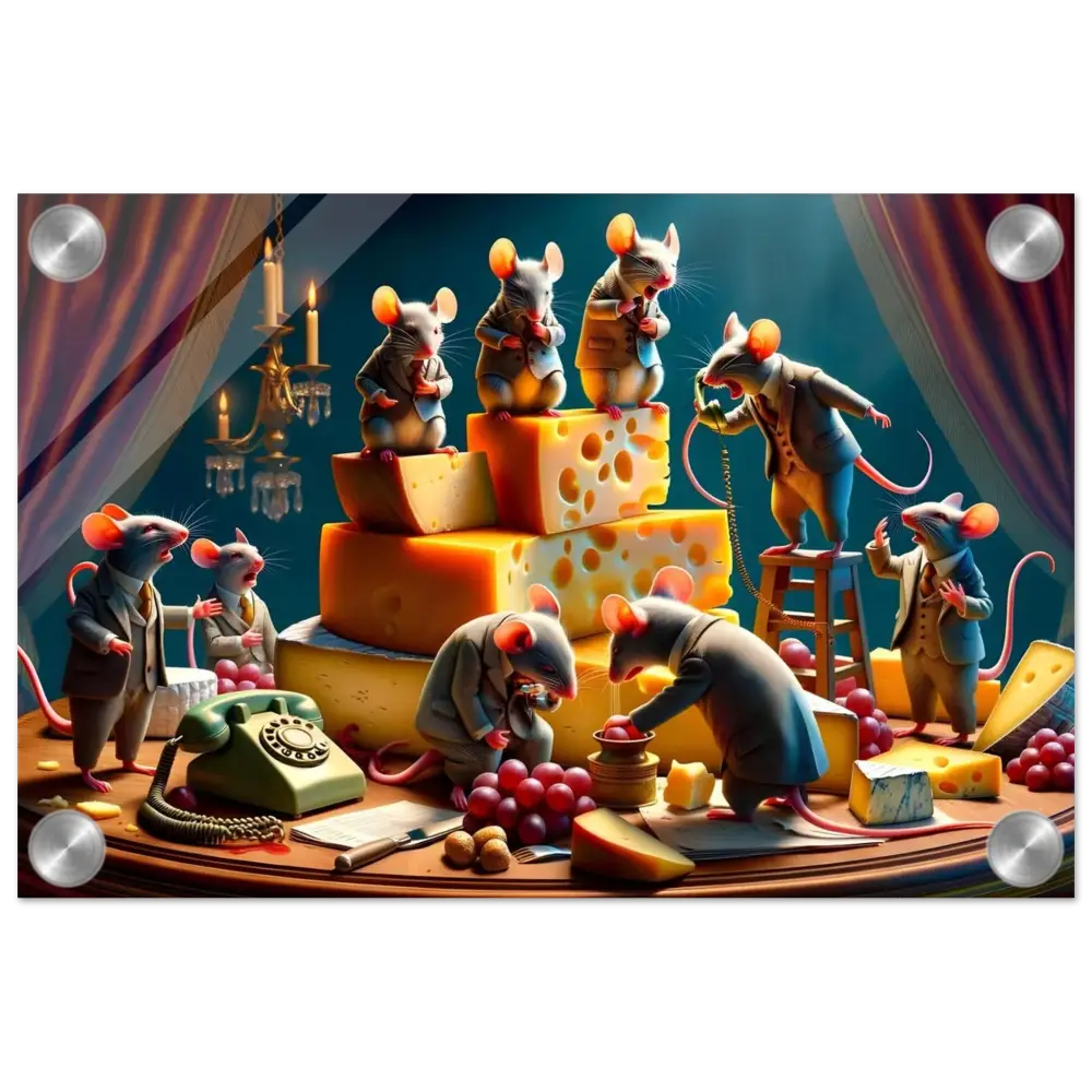 Anthropomorphic mice with cheese displayed on Boardroom Brie-down Acrylic Print by PixiOnyx