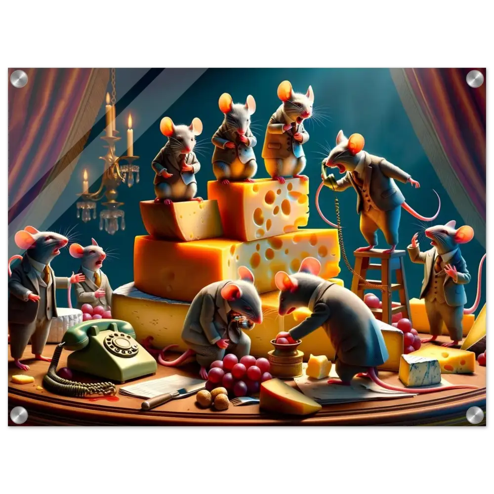 Anthropomorphic mice with cheese displayed on PixiOnyx Boardroom Brie-down Acrylic Print