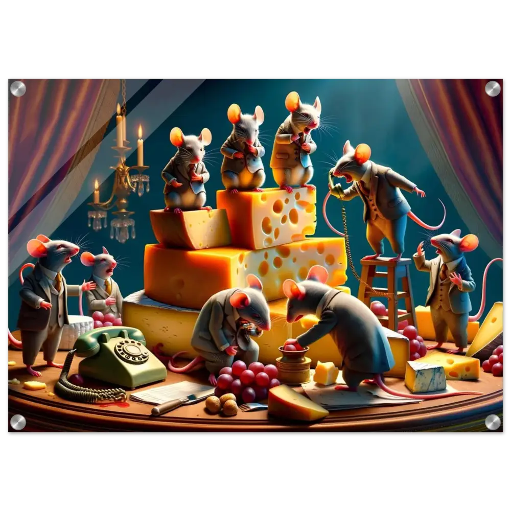 Anthropomorphic mice with cheese on a satirical acrylic print titled Boardroom Brie-down