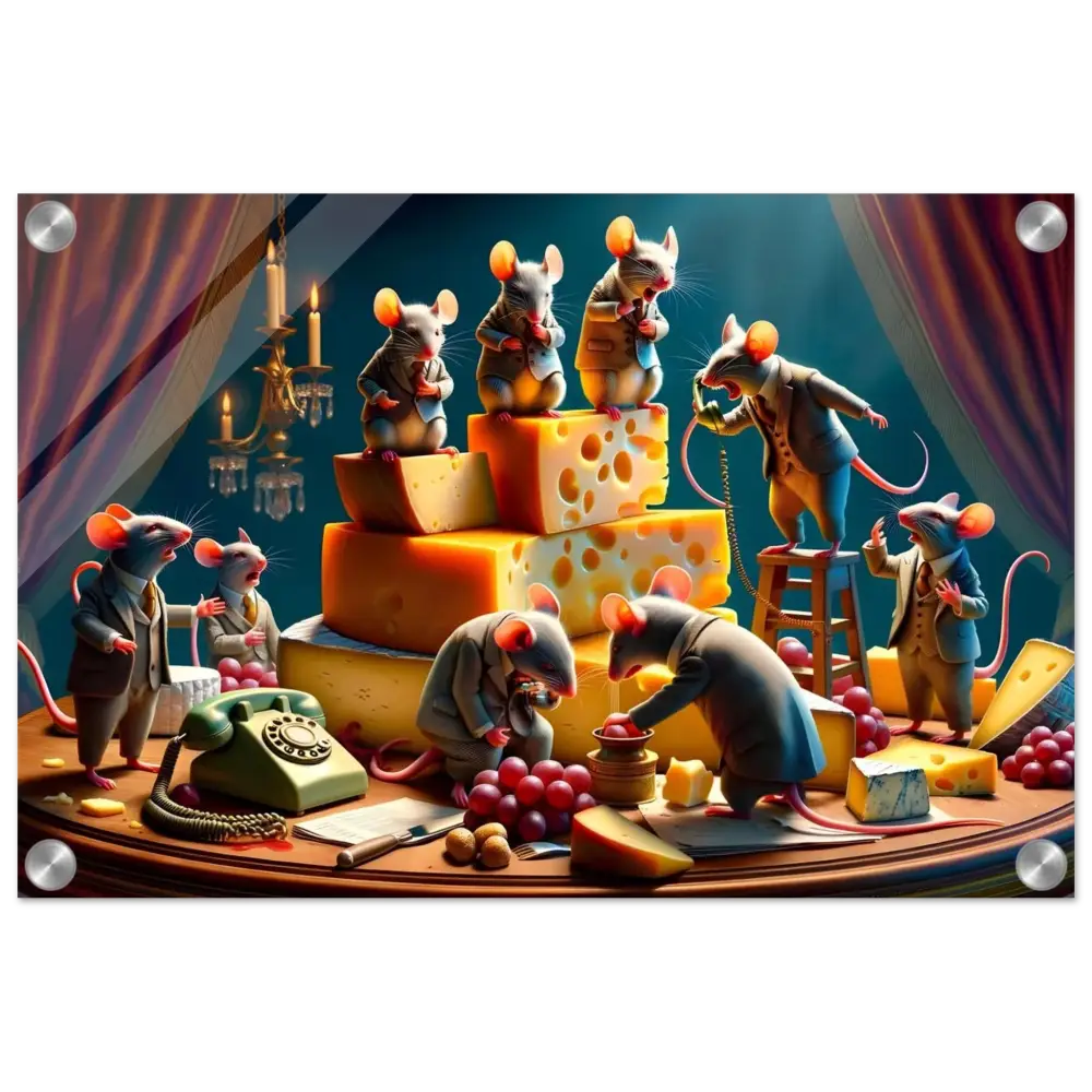Anthropomorphic mice with cheese featured on Boardroom Brie-down Acrylic Print by PixiOnyx