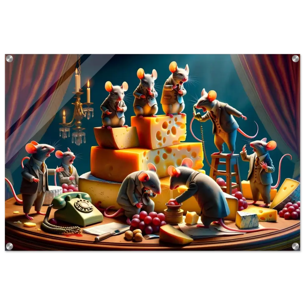 Anthropomorphic mice with cheese on a satirical acrylic print titled Boardroom Brie-down