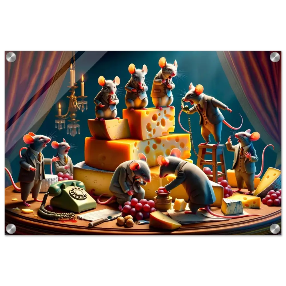 Anthropomorphic mice with cheese displayed on Boardroom Brie-down Acrylic Print at Corporate Crumbs