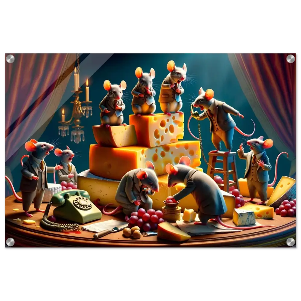 Anthropomorphic mice enjoying cheese displayed on Boardroom Brie-down Acrylic Print