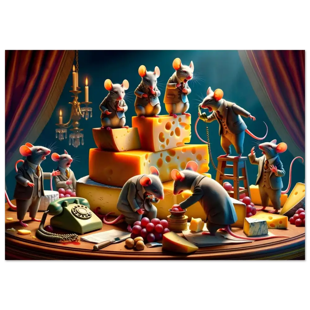 Anthropomorphic mice with cheese on the Boardroom Brie-down Aluminum Print by PixiOnyx