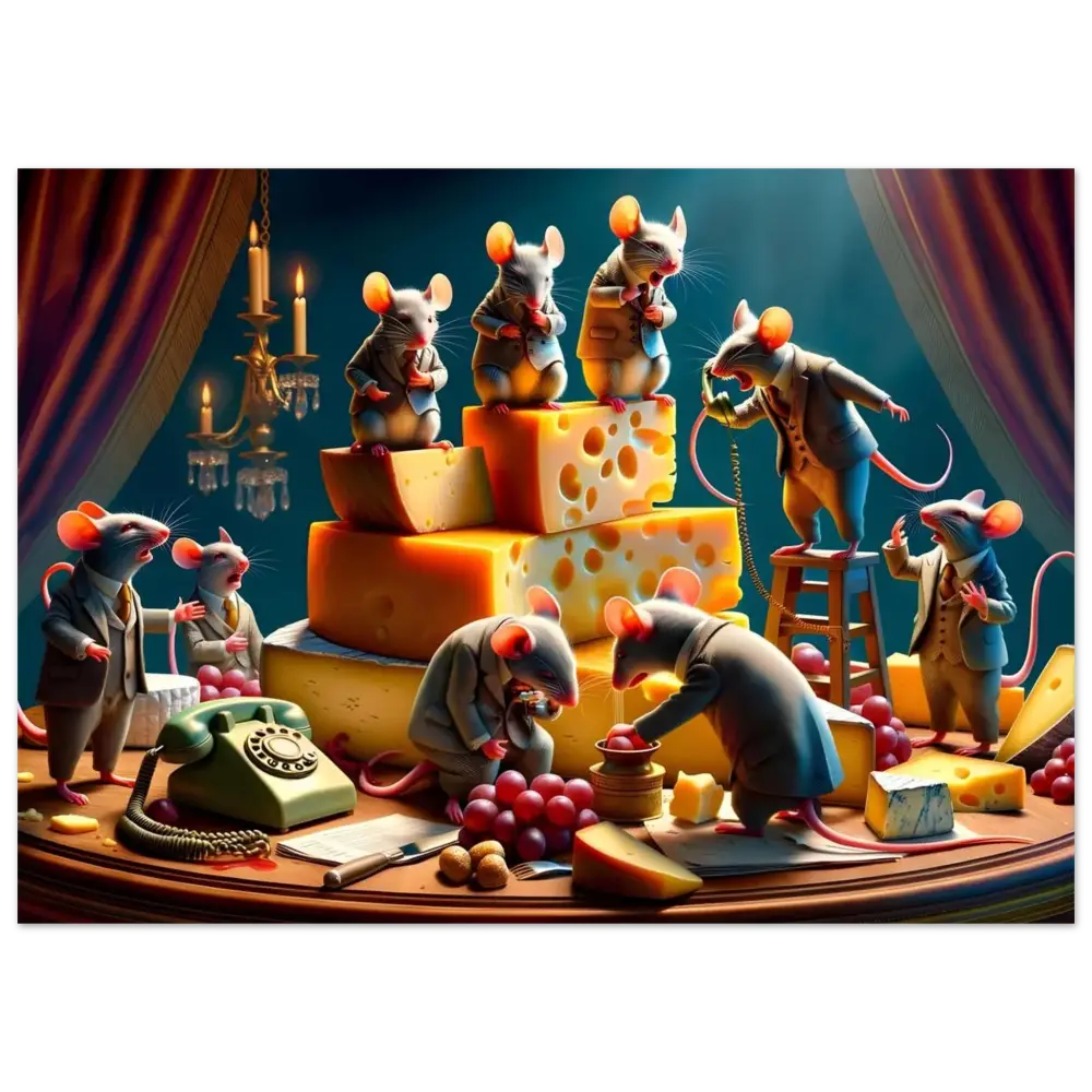Anthropomorphic mice enjoying cheese artwork on Boardroom Brie-down Aluminum Print