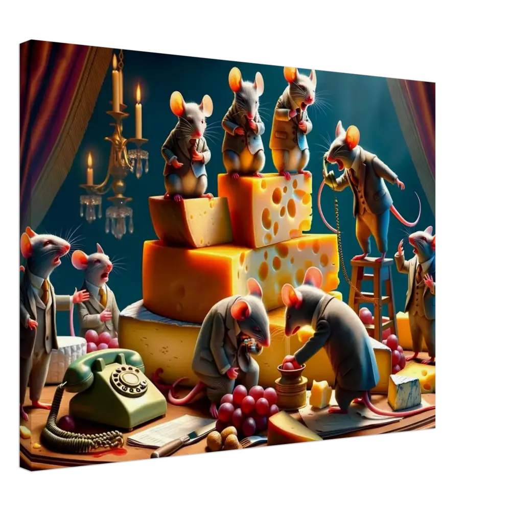 Anthropomorphic mice with cheese on a satirical Dairy Dystopia Canvas boardroom scene
