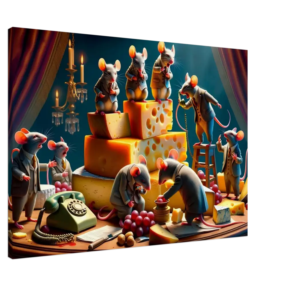 Anthropomorphic mice feasting on Brie cheese in a satirical Dairy Dystopia Canvas art