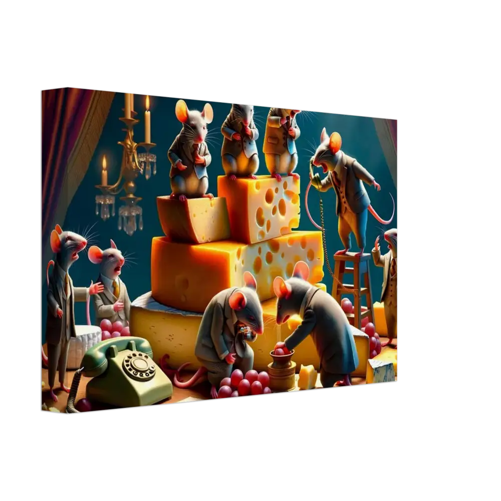 Anthropomorphic mice enjoying a cheese party on the Boardroom Brie-down Canvas by PixiOnyx