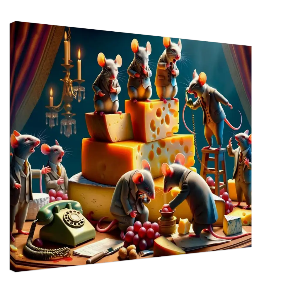 Anthropomorphic mice with cheese on a satirical Dairy Dystopia wall canvas