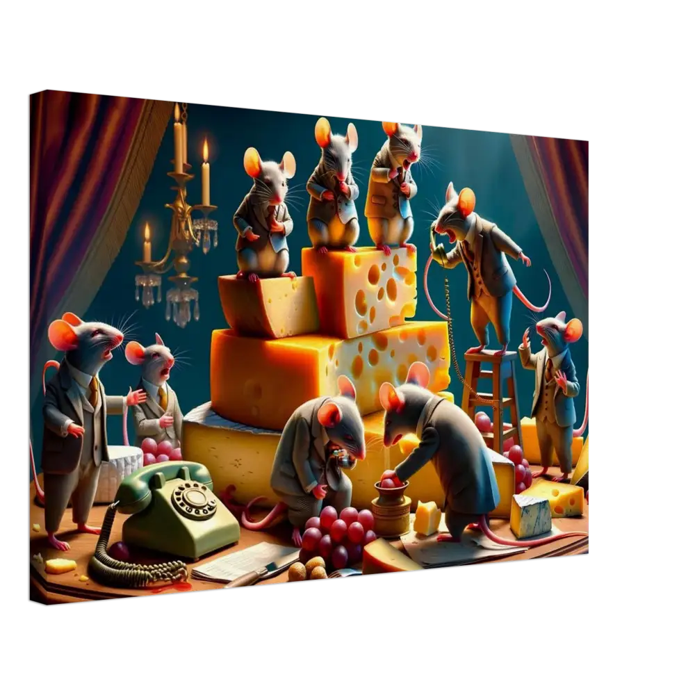 Anthropomorphic mice with cheese on a satirical Dairy Dystopia wall canvas