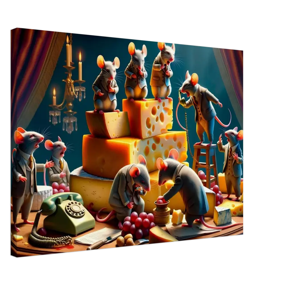 Anthropomorphic mice with cheese on the Boardroom Brie-down Canvas from PixiOnyx