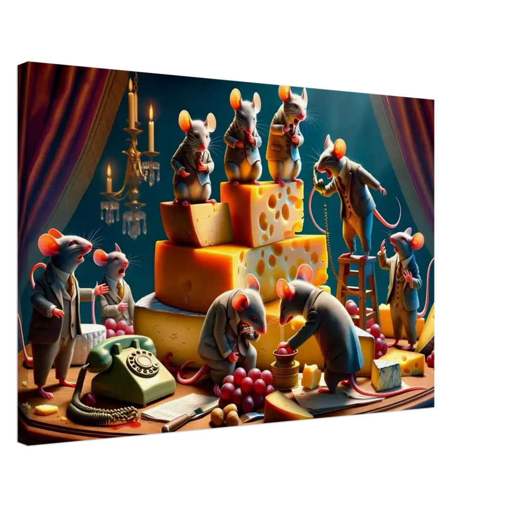 Anthropomorphic mice with cheese on the Boardroom Brie-down Canvas Dairy Dystopia by PixiOnyx
