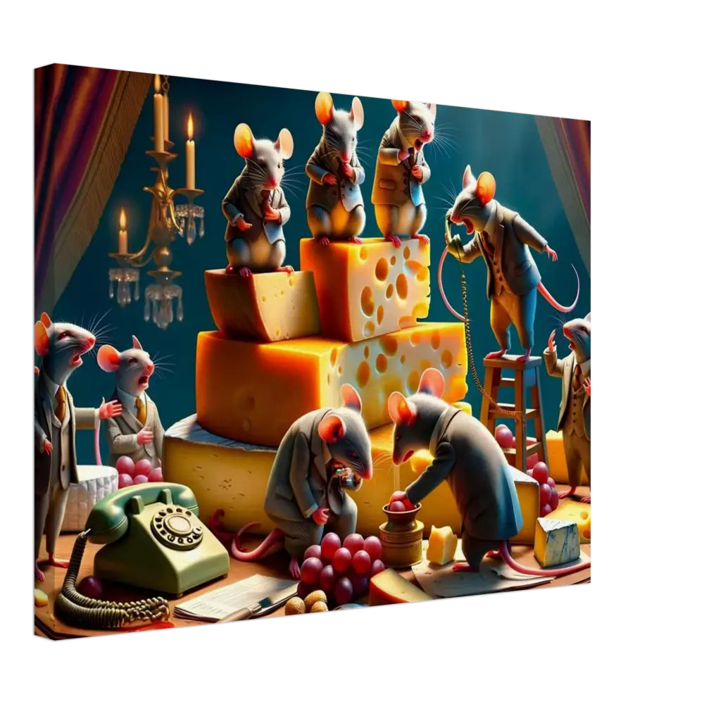 Anthropomorphic mice with cheese on a satirical Dairy Dystopia Canvas artwork