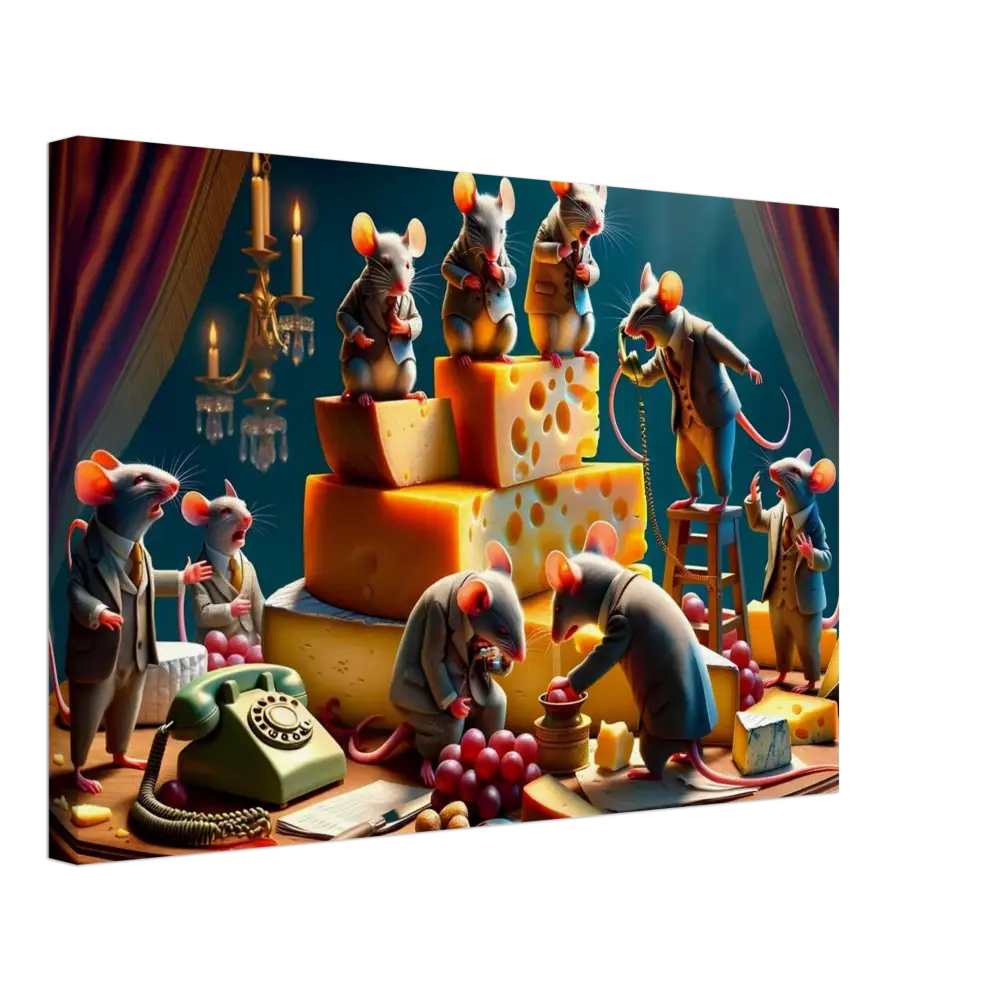 Anthropomorphic mice with cheese on the Boardroom Brie-down Canvas Dairy Dystopia wall art