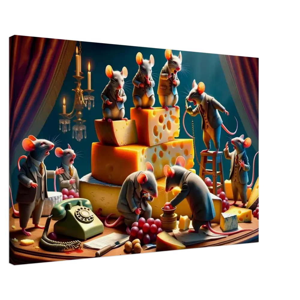Anthropomorphic mice with cheese on the Boardroom Brie-down Canvas Dairy Dystopia artwork