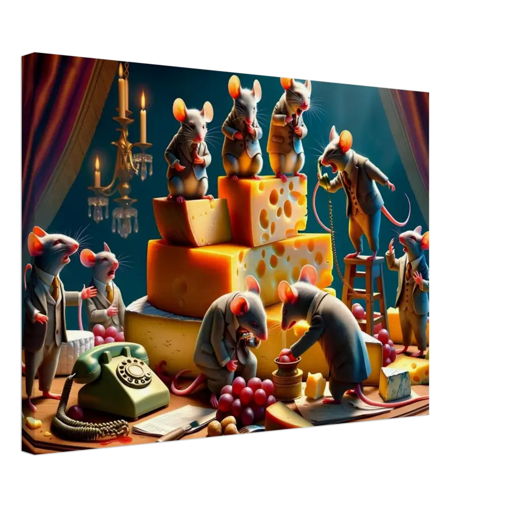Anthropomorphic mice with cheese on the Boardroom Brie-down Canvas Dairy Dystopia PixiOnyx