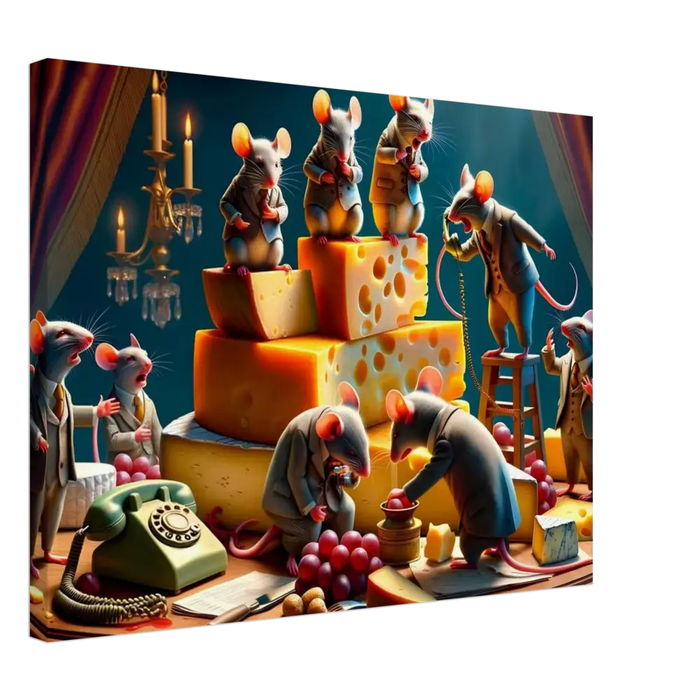 Anthropomorphic mice with cheese on a satirical Dairy Dystopia canvas artwork