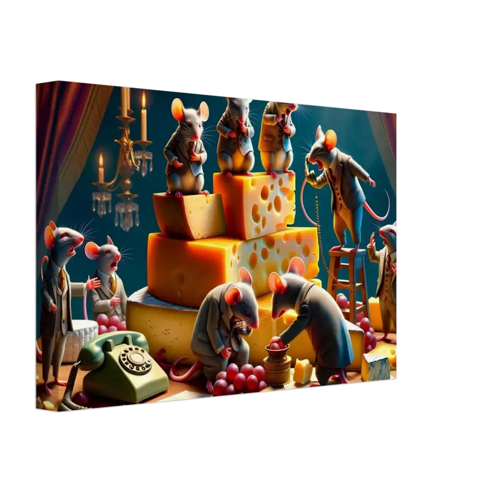 Anthropomorphic mice with cheese on the Boardroom Brie-down Canvas Dairy Dystopia artwork