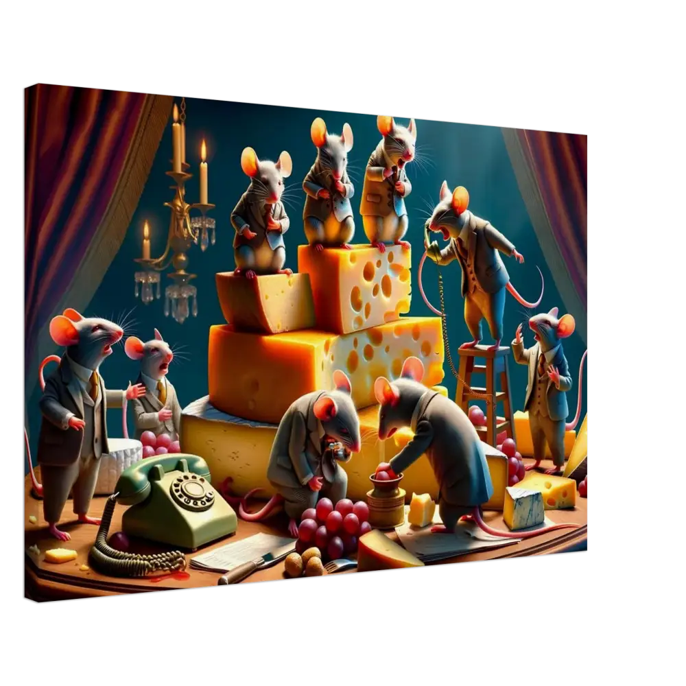 Anthropomorphic mice with cheese on PixiOnyx Boardroom Brie-down Canvas Dairy Dystopia