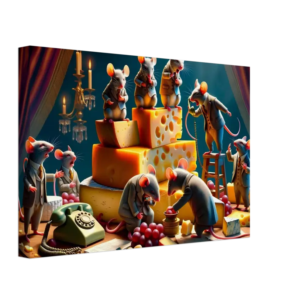 Anthropomorphic mice enjoying cheese on the Boardroom Brie-down Canvas Dairy Dystopia Wall Art