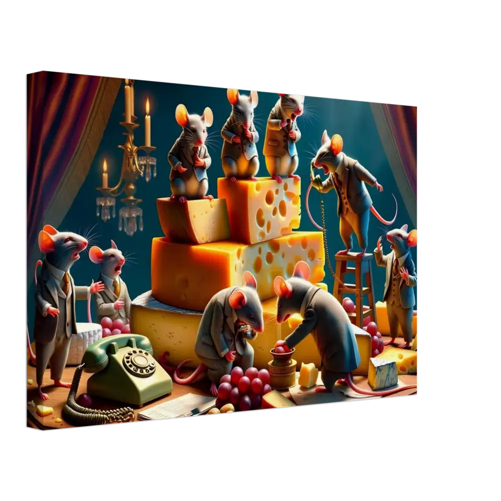 Anthropomorphic mice celebrating with cheese on PixiOnyx Boardroom Brie-down Canvas