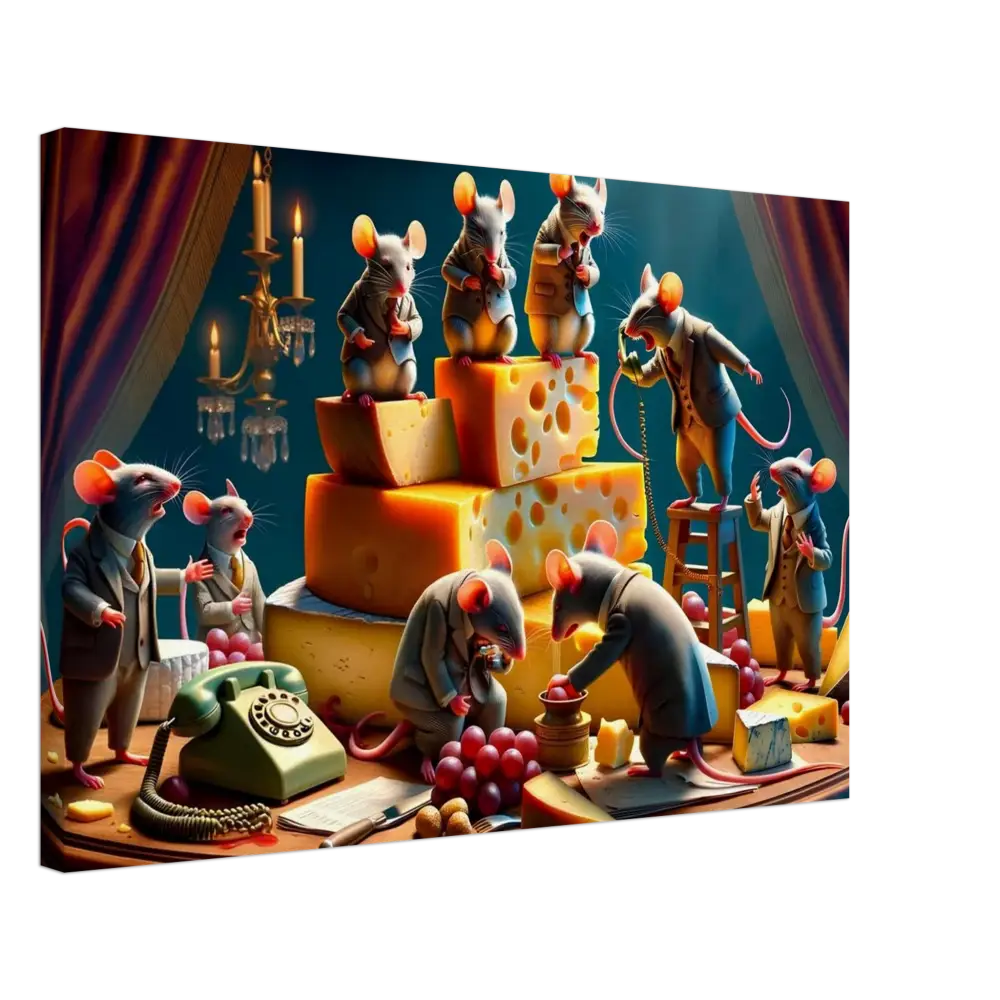 Anthropomorphic mice feast on cheese in a satirical Dairy Dystopia wall canvas artwork