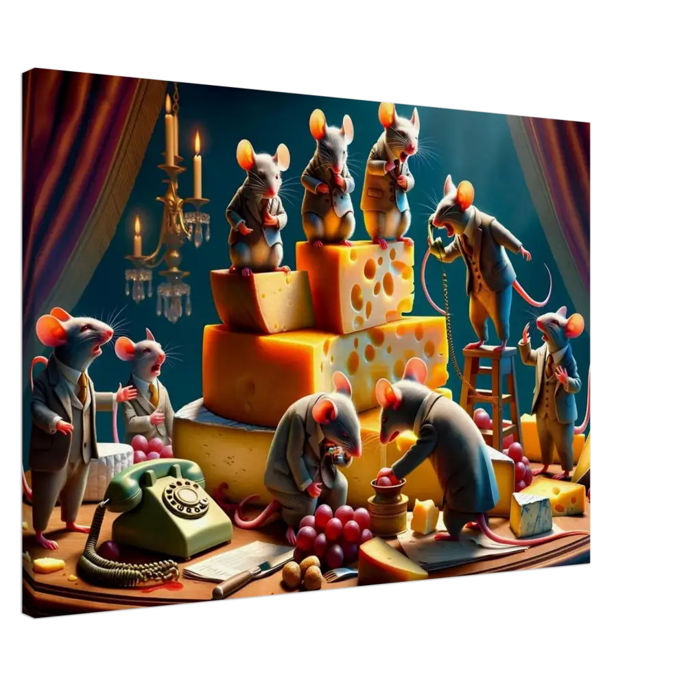 Anthropomorphic mice with cheese on a satirical Dairy Dystopia wall canvas