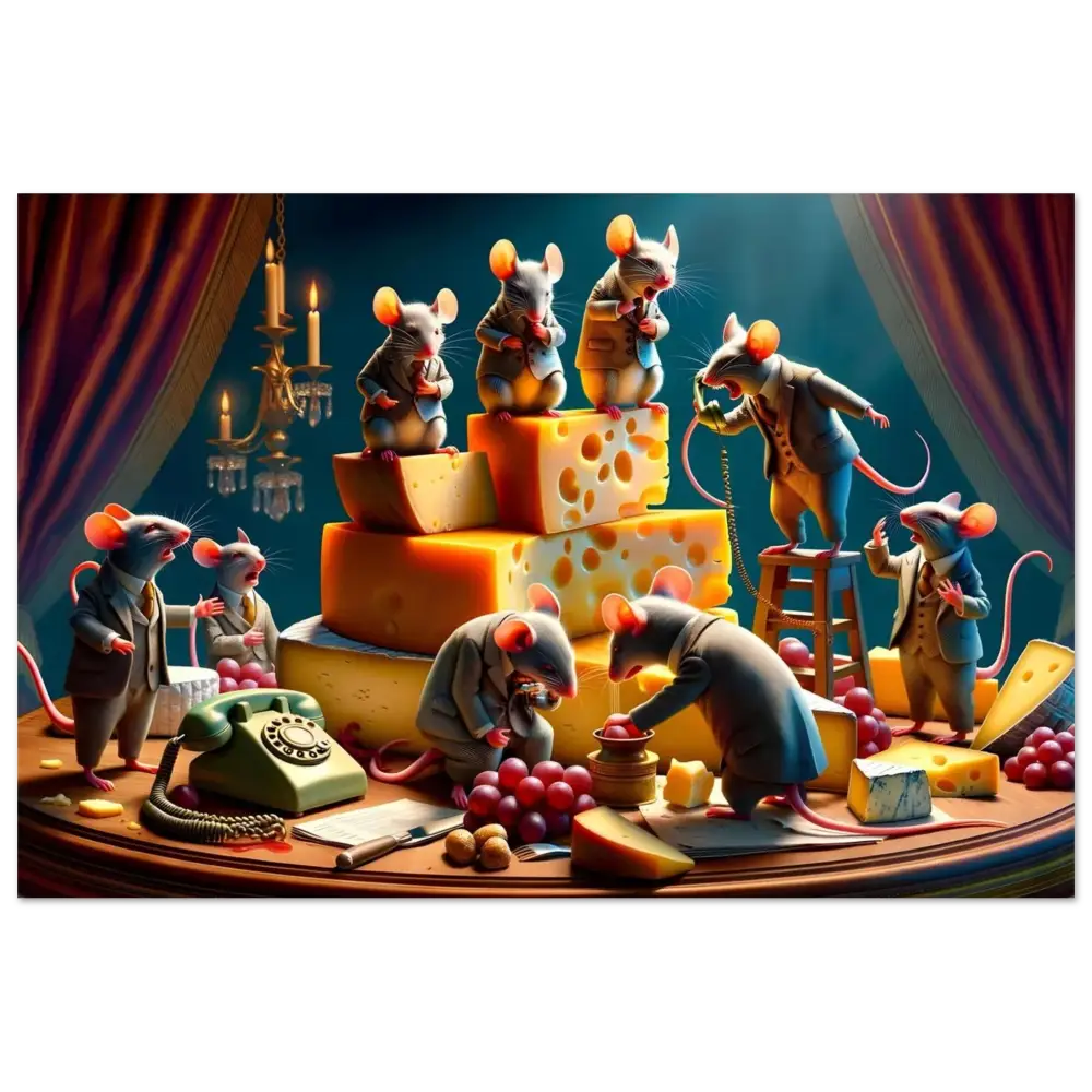 Anthropomorphic mice enjoying cheese on the Boardroom Brie-down Poster by PixiOnyx