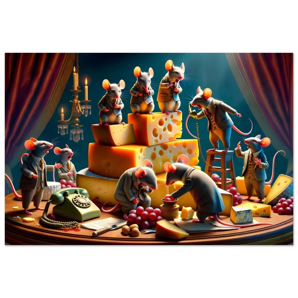 Anthropomorphic mice in suits with cheese on the Boardroom Brie-down Poster by PixiOnyx
