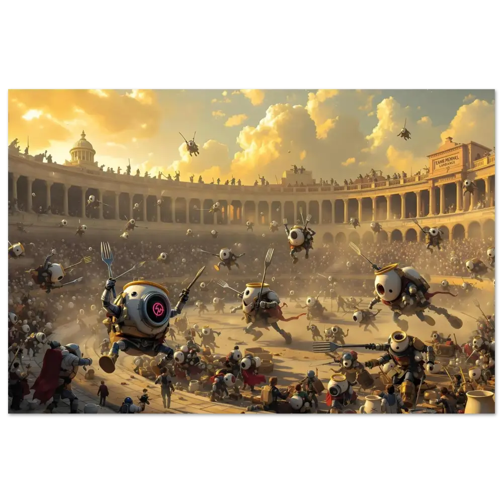 Robotic gladiatorial combat scene from Breakfast Bots Poster Coliseum Clash PixiOnyx Fine Art Print