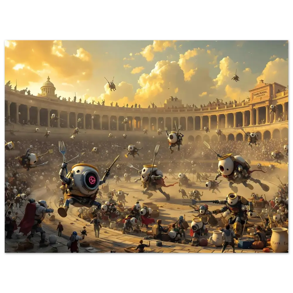 Futuristic Coliseum Battle scene from Breakfast Bots Poster Coliseum Clash PixiOnyx Fine Art Print
