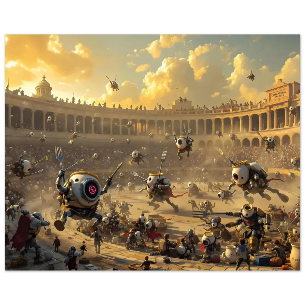 Robotic gladiatorial arena scene from Breakfast Bots Poster Coliseum Clash PixiOnyx