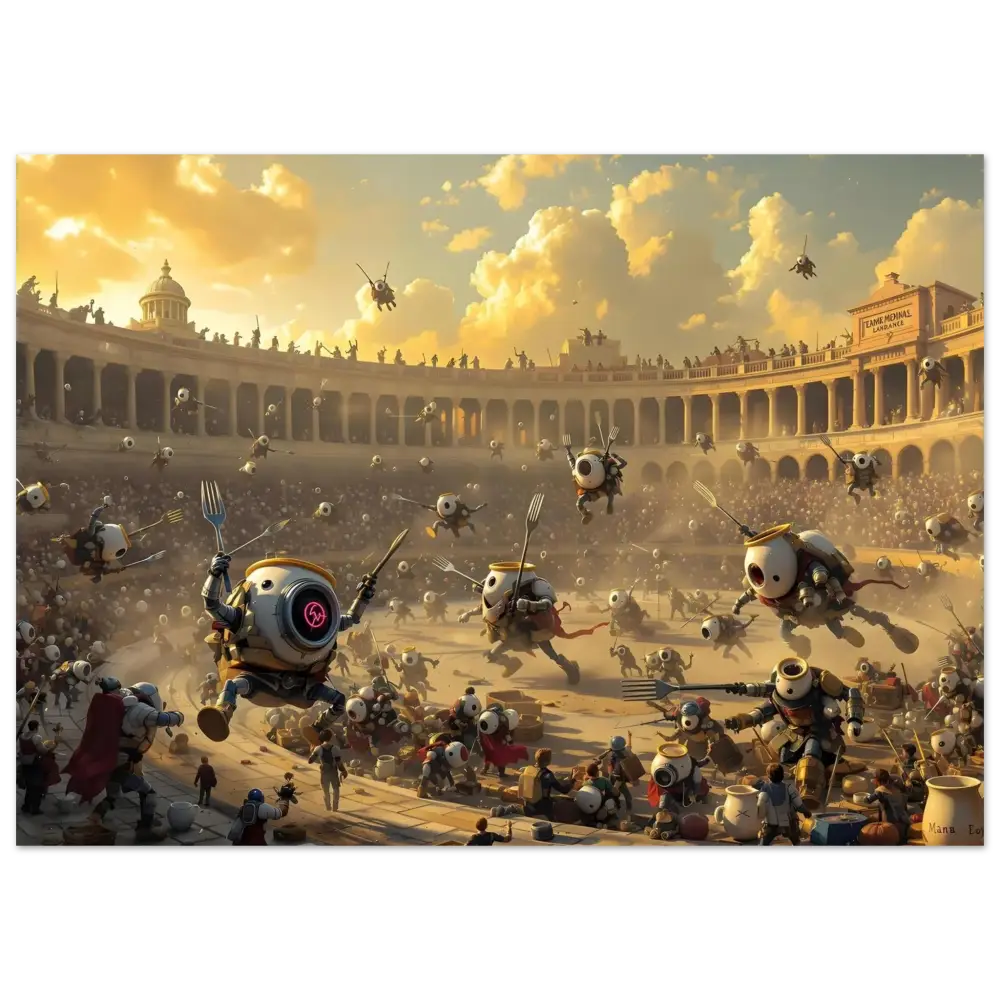 Robotic food fight scene in a coliseum featured on Breakfast Bots Poster by PixiOnyx