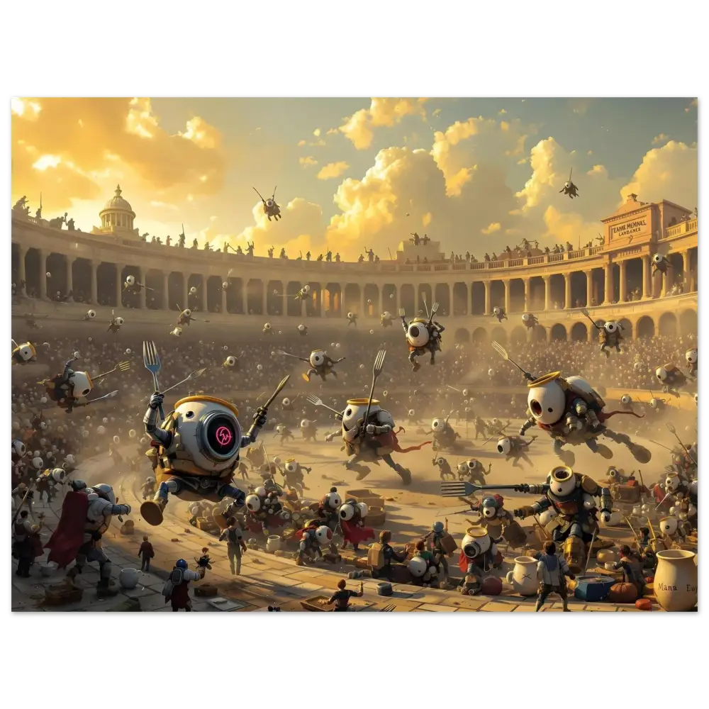 Robotic food fight scene from Breakfast Bots Poster Coliseum Clash PixiOnyx art print