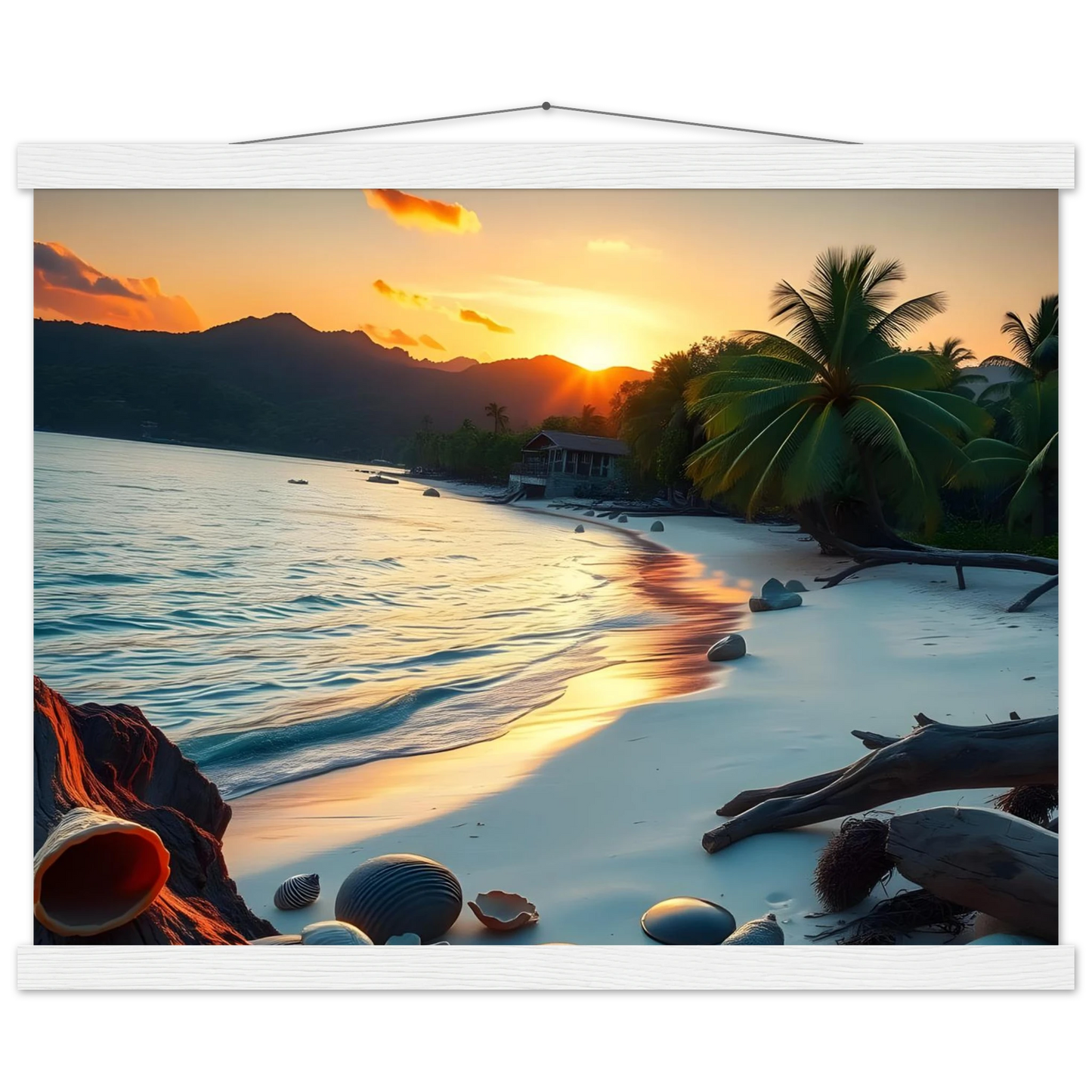 Tropical Beach Sunset Wall Art Poster with Hanger for Cozy Beach Room Decor