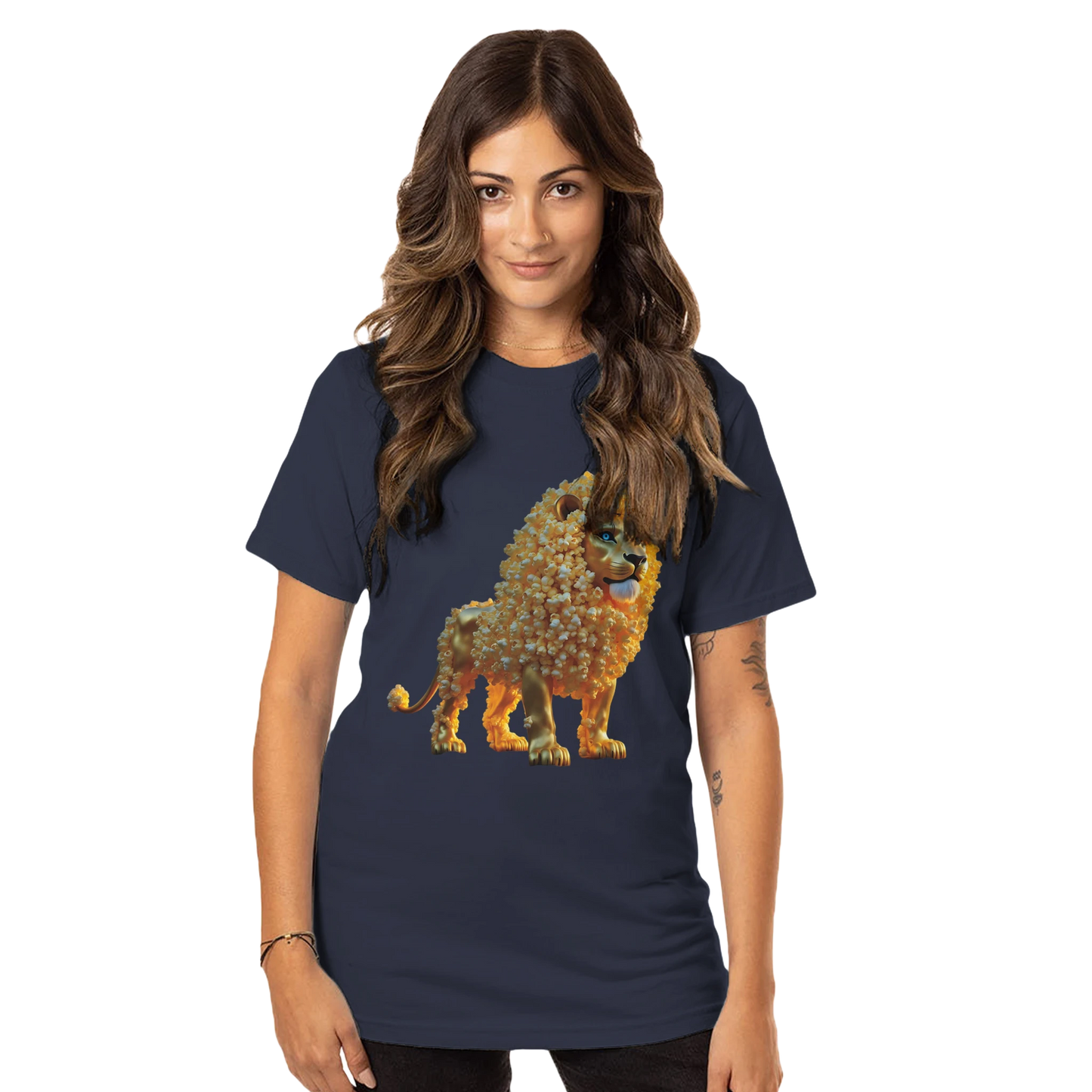 Navy T-shirt with pixelated lion design from Organic Unisex Crewneck T-shirt The Golden Kernel King PixiOnyx Whimsical Wilderness