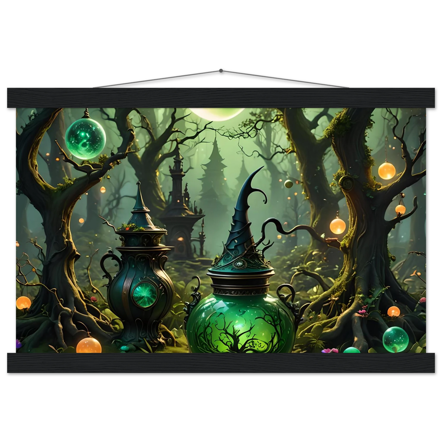 Whimsical witch potion bottles displayed on Witchcraft Forest Hanging Poster Matte Fantasy Art
