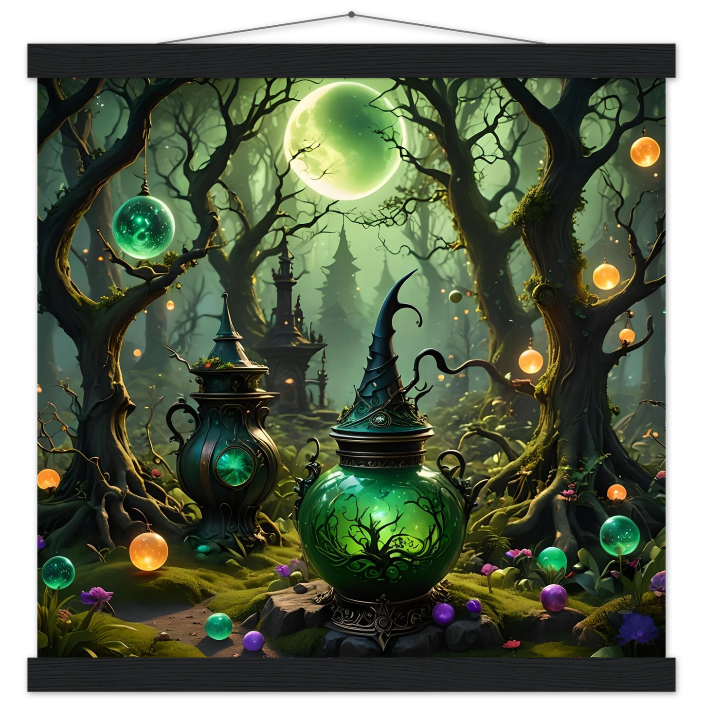 Enchanted green potion cauldron depicted on Witchcraft Forest Hanging Poster Matte Fantasy Art