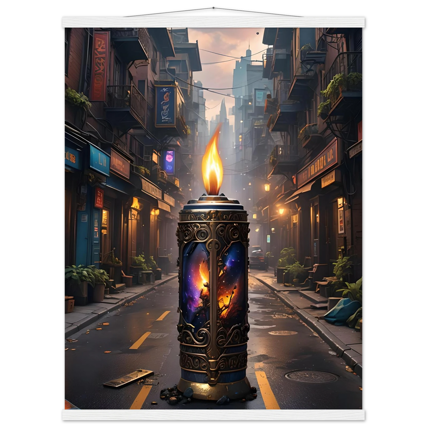 Ornate candle with cosmic imagery from Galactic Flame Hanging Matte Poster by PixiOnyx