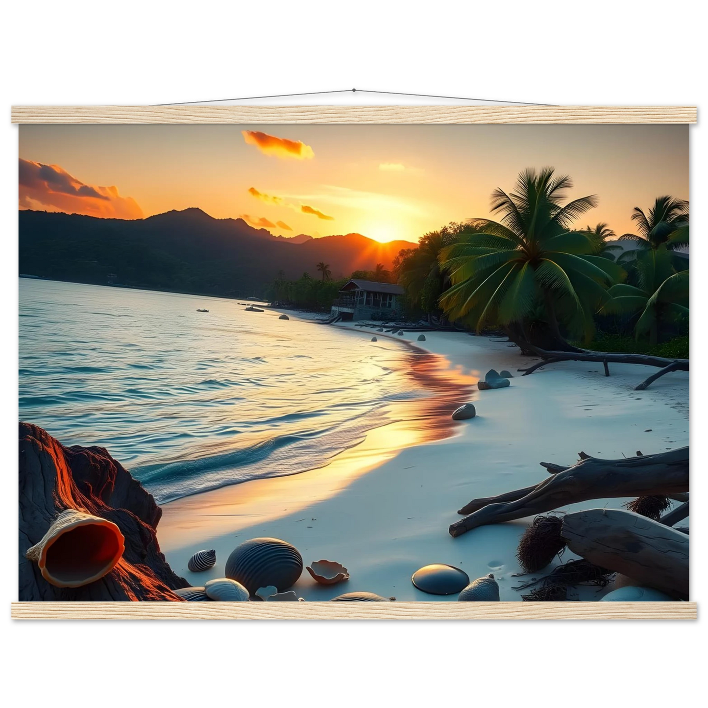Framed Tropical Beach Sunset Poster on Matte Wall Decor by PixiOnyx