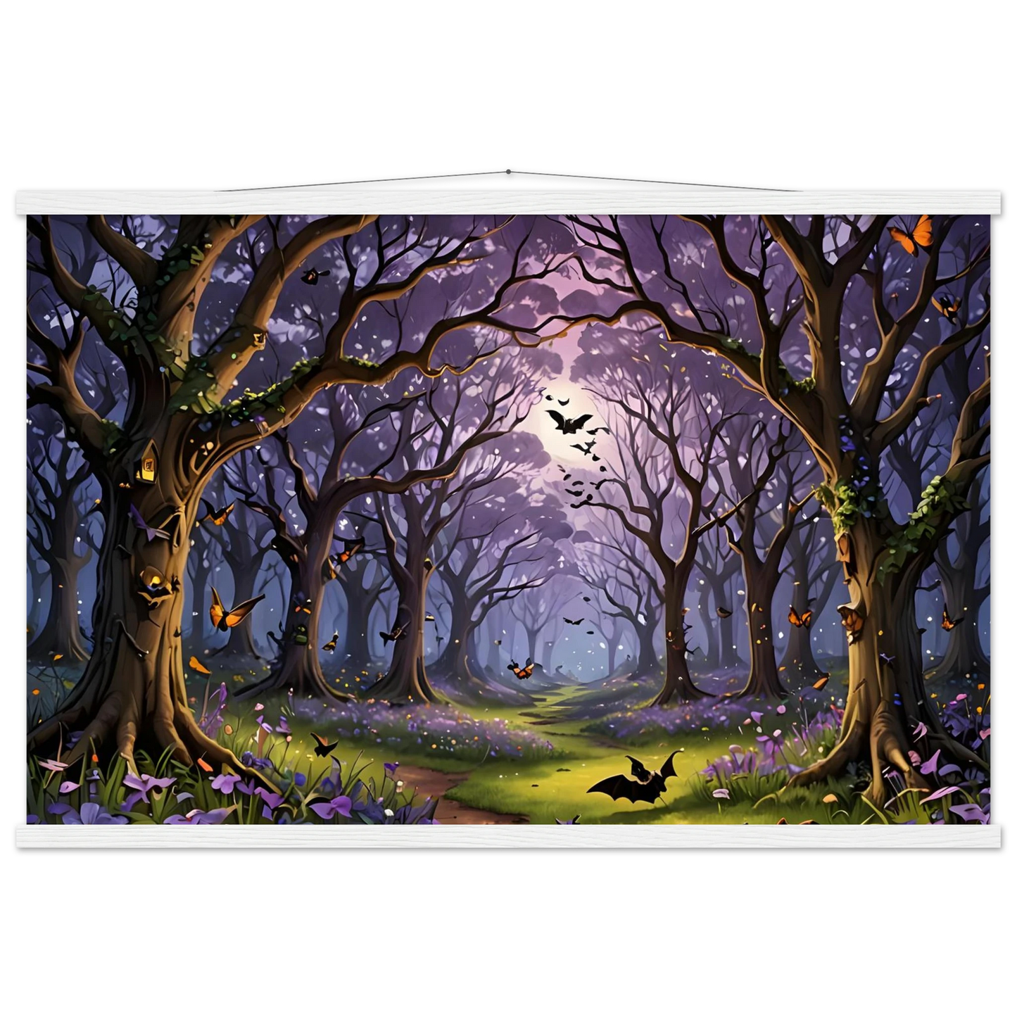 Halloween-themed forest scene poster displaying spooky trees and moonlit night ambiance