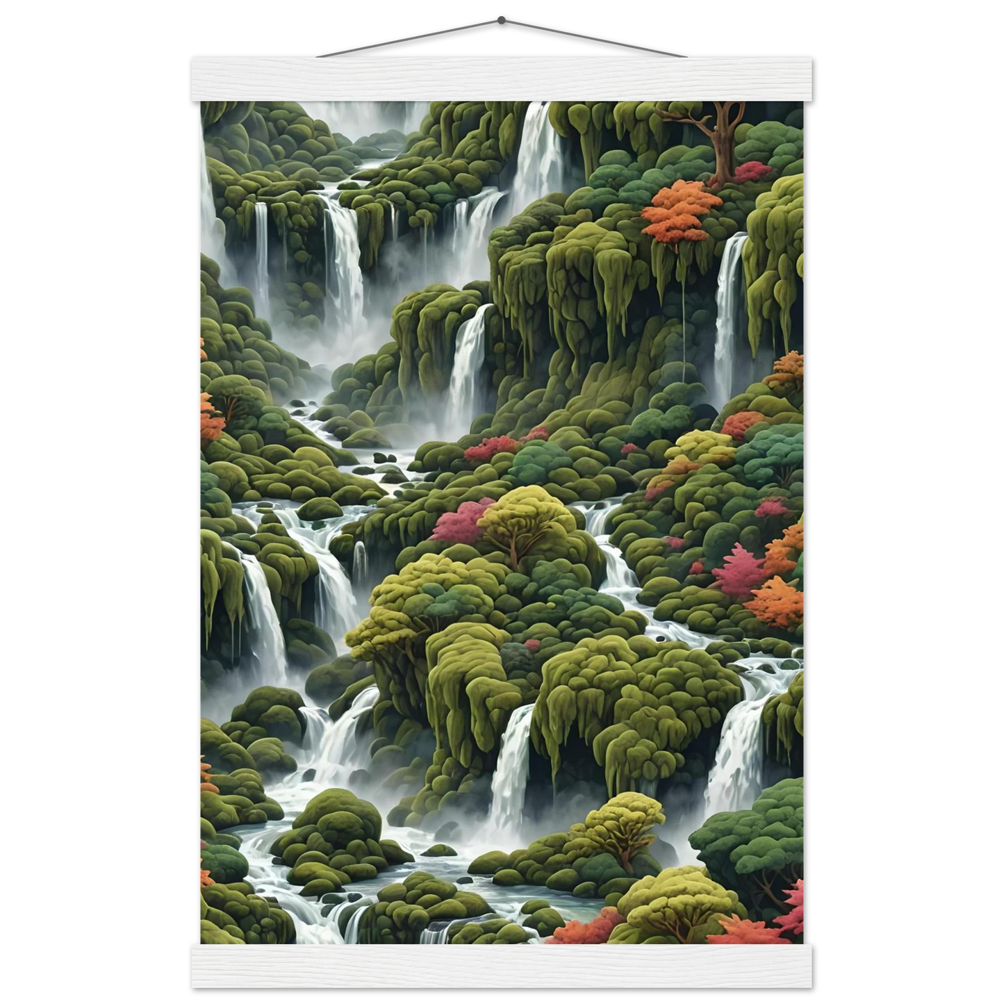 Waterfall landscape wall hanging poster displayed on Moss Cascade by PixiOnyx
