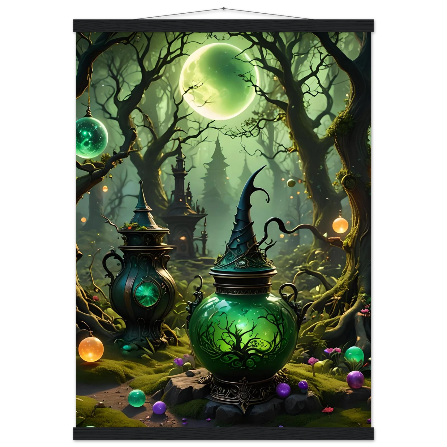 Enchanted green potion vessels on the Witchcraft Forest Hanging Poster matte fantasy art