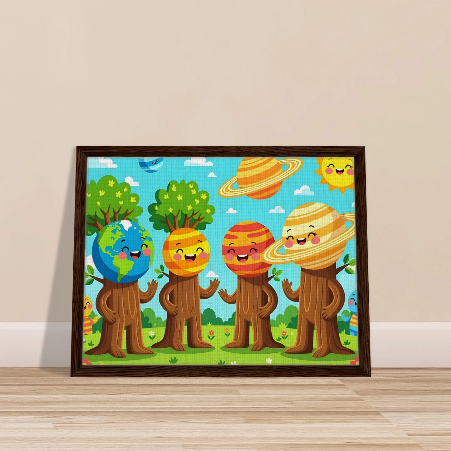 Framed cartoon planet characters artwork on canvas for kids room decor