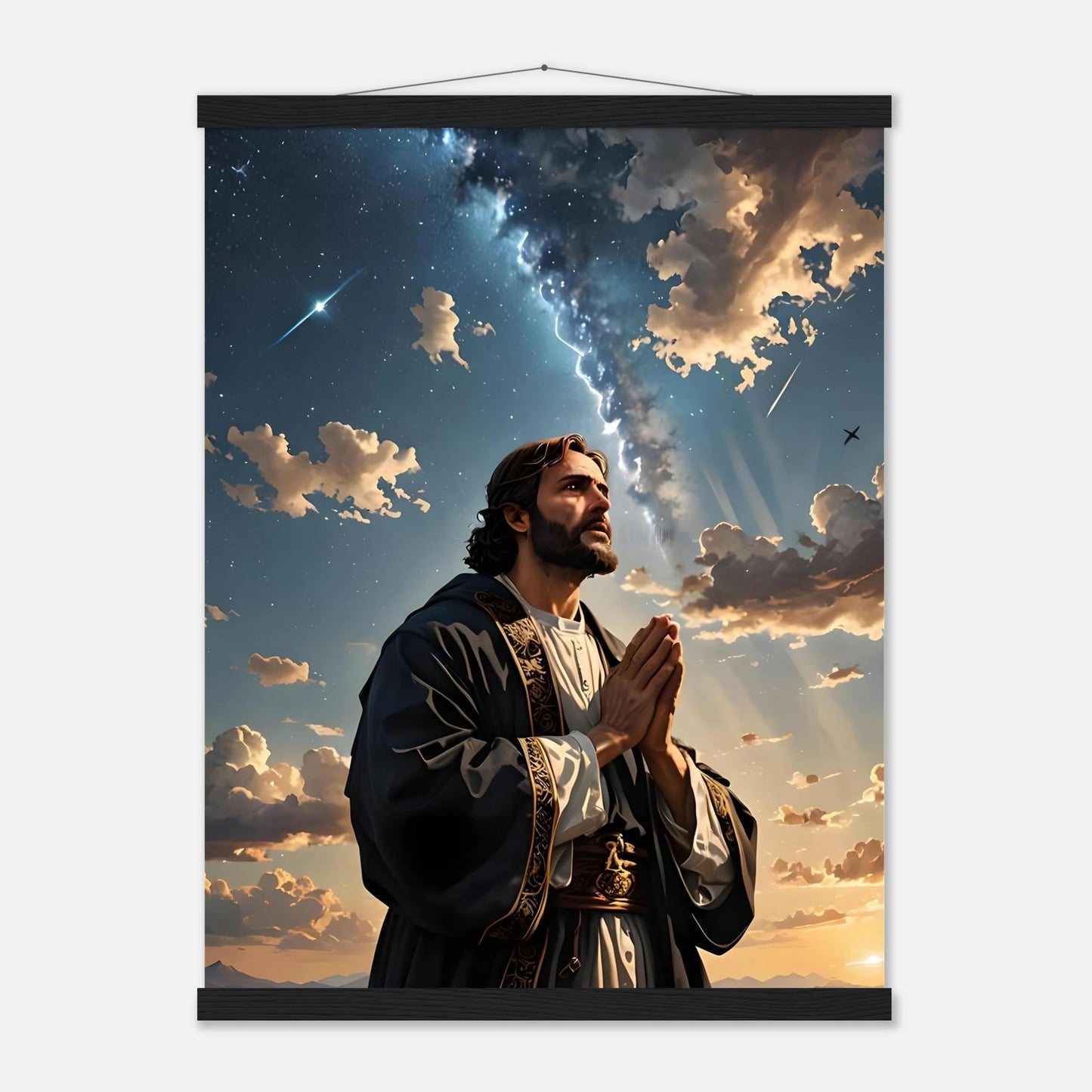 Hanging religious tapestry poster with hanger titled Prayer to the Cosmos by PixiOnyx