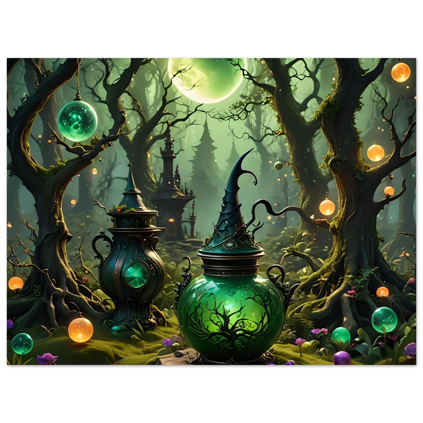 Glowing green witch’s brew pot artwork from Witchcraft Forest Fine Art Poster PixiOnyx