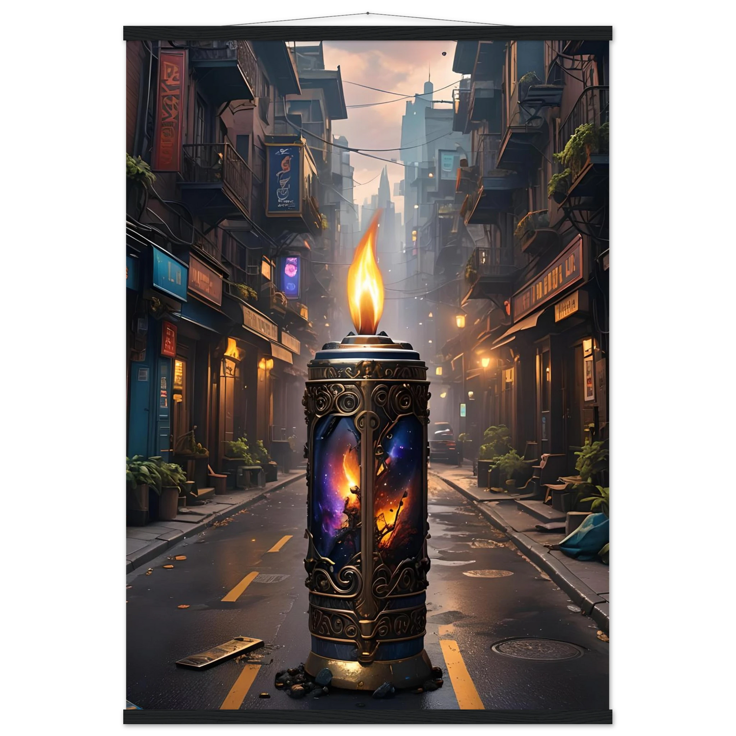 Ornate candle with cosmic imagery for Galactic Flame Hanging Matte Poster by PixiOnyx