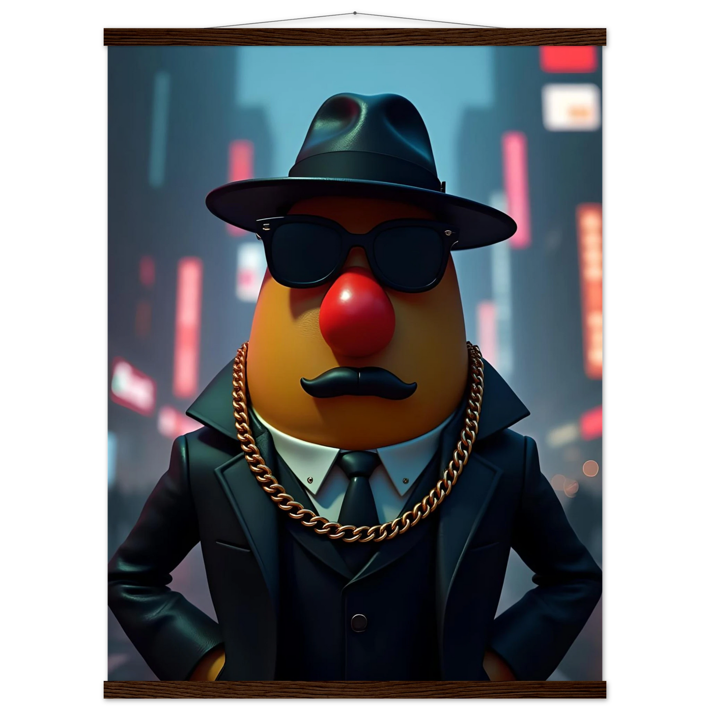 Gangster Mr. Potato Head poster displayed on PixiOnyx Premium Matte Poster with Hanger