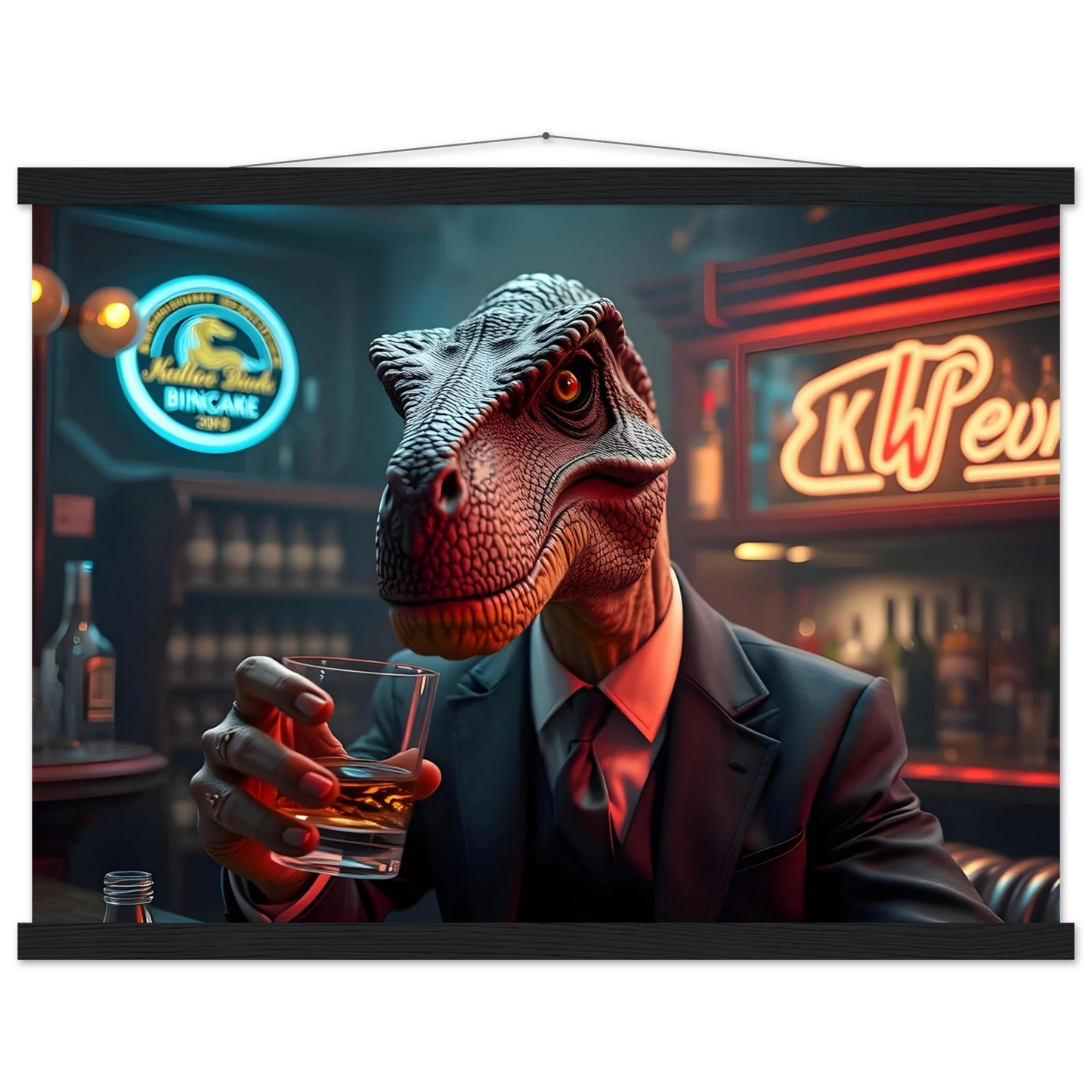 Dinosaur in a suit holding a drink displayed on Whiskey Raptor Hanging Poster