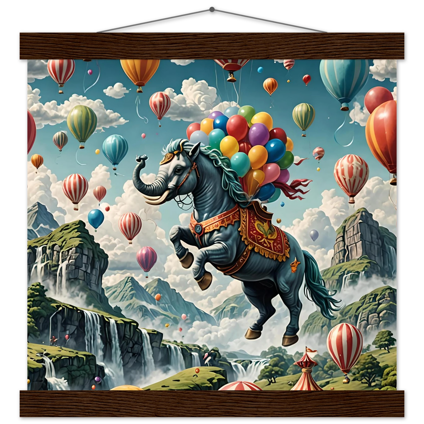 Fantasy elephant-horse hybrid with balloons on Skybound Majesty Premium Matte Paper Poster